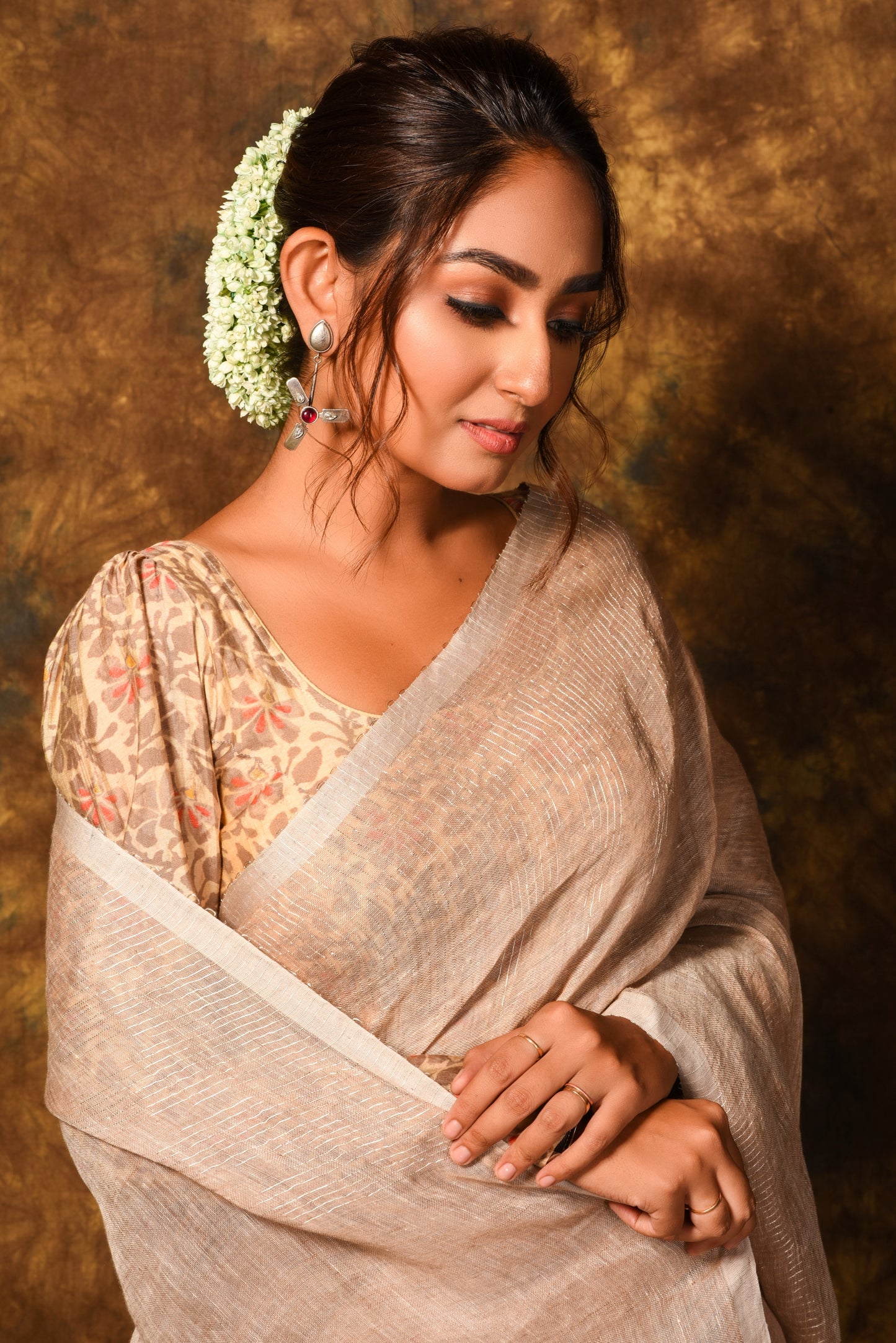 Brown Pure Linen Handloom Saree