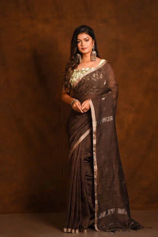 Brown Pure Linen Jamdani Handloom Saree