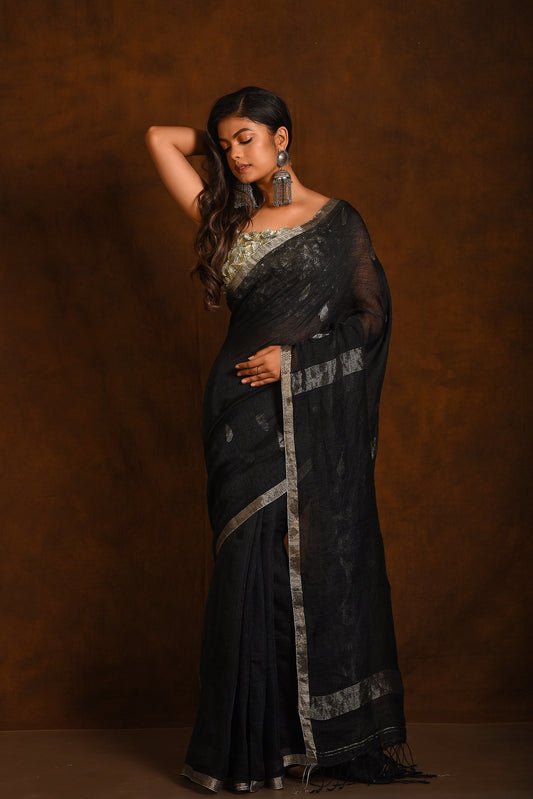 Black Pure Linen Jamdani Handloom Saree