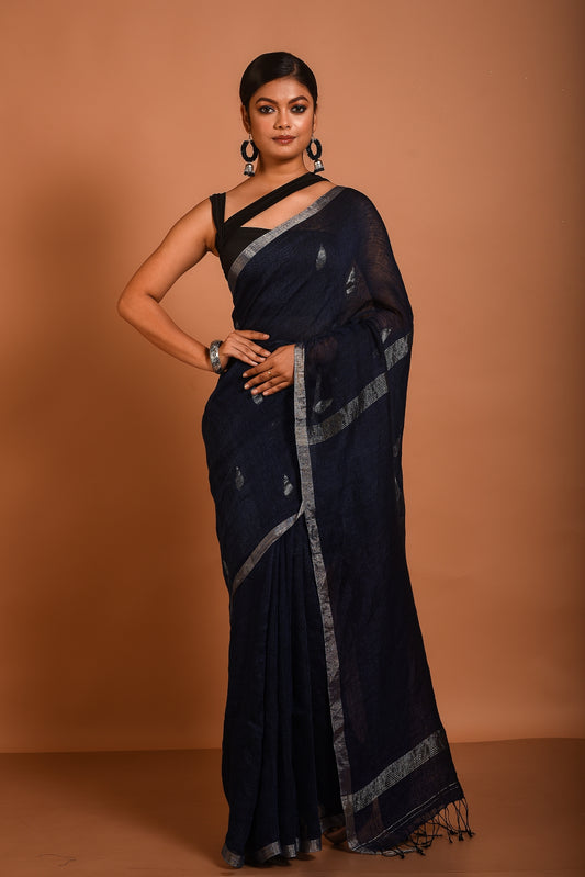 Blue Pure Linen Jamdani Handloom Saree