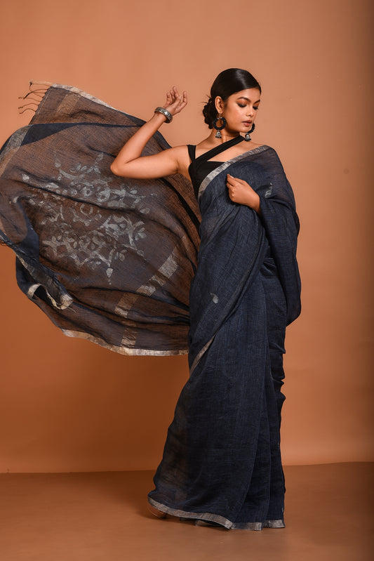 Blue Pure Linen Jamdani Handloom Saree