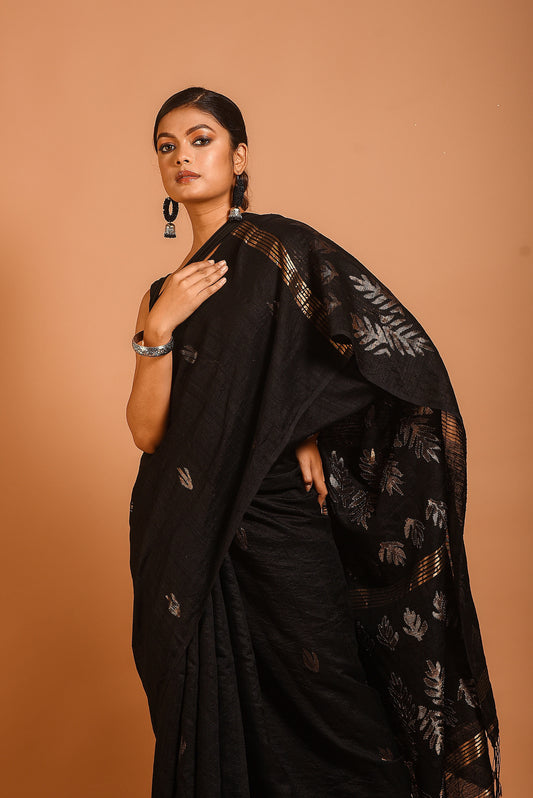 Black Pure Matka Silk Jamdani Handloom Saree