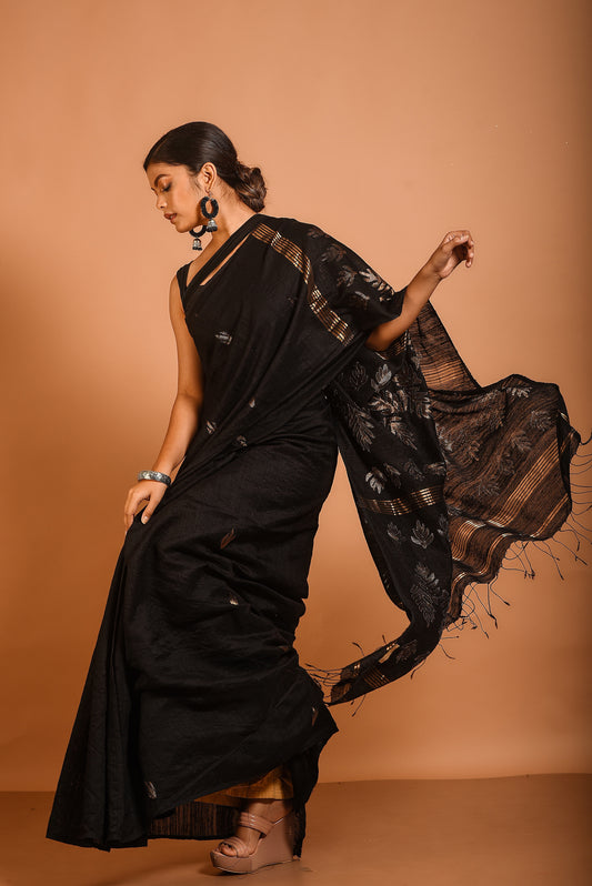 Black Pure Matka Silk Jamdani Handloom Saree