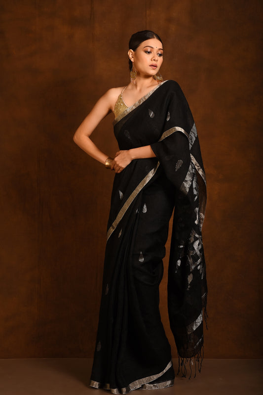 Black Pure Linen Jamdani Handloom Saree