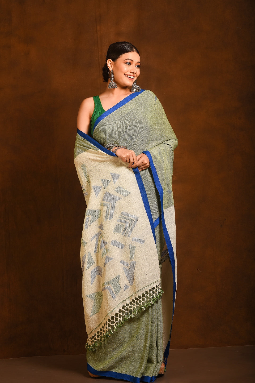 Green Pure Handspun Cotton Jamdani Handloom Saree