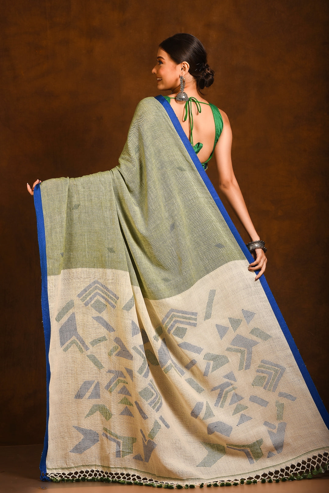 Green Pure Handspun Cotton Jamdani Handloom Saree