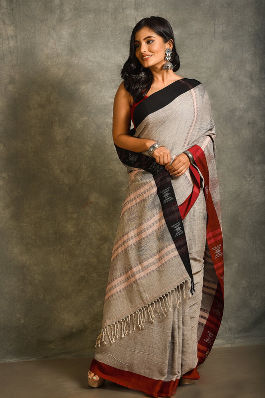 Grey Pure Handspun Cotton Handloom Saree