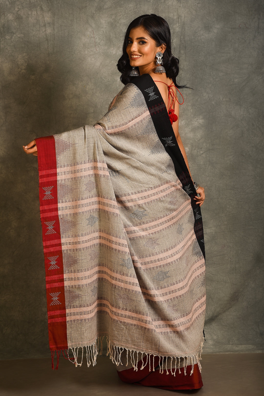 Grey Pure Handspun Cotton Handloom Saree