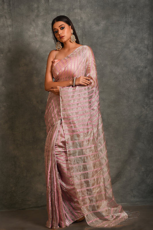 Pink Tissue Organza Silk Handloom Saree