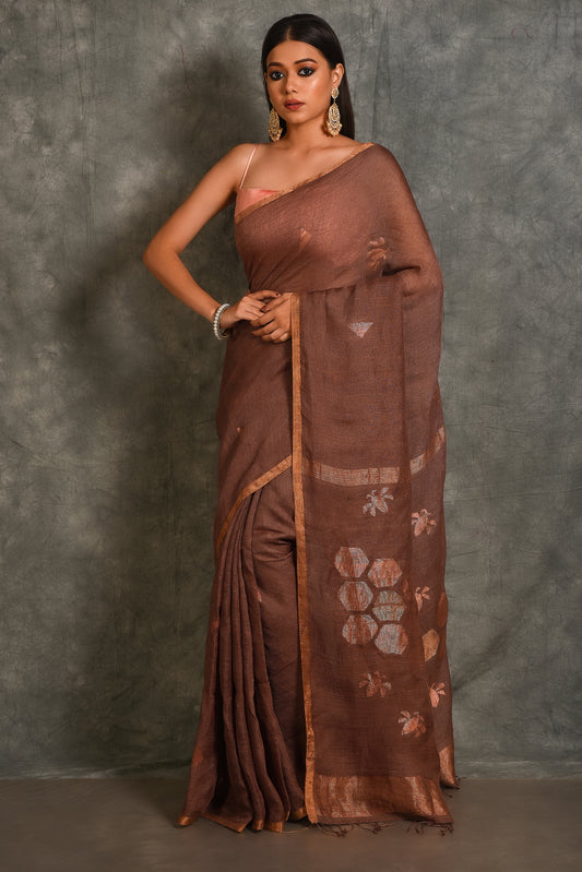 Brown Pure Linen Jamdani Handloom Saree