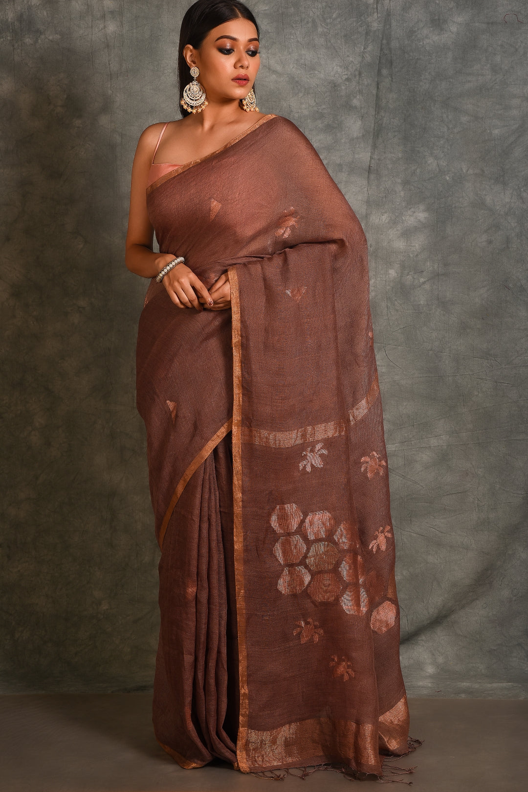 Brown Pure Linen Jamdani Handloom Saree