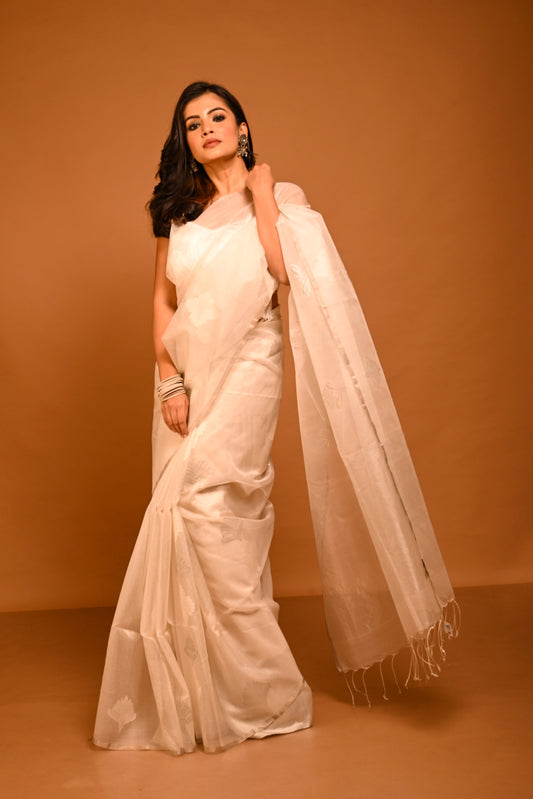 White Pure Organza Silk Jamdani Handloom Saree