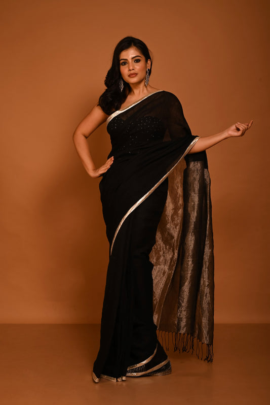 Black Pure Linen Handloom Saree