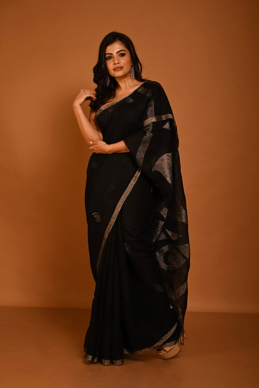 Black Pure Linen Jamdani Handloom Saree