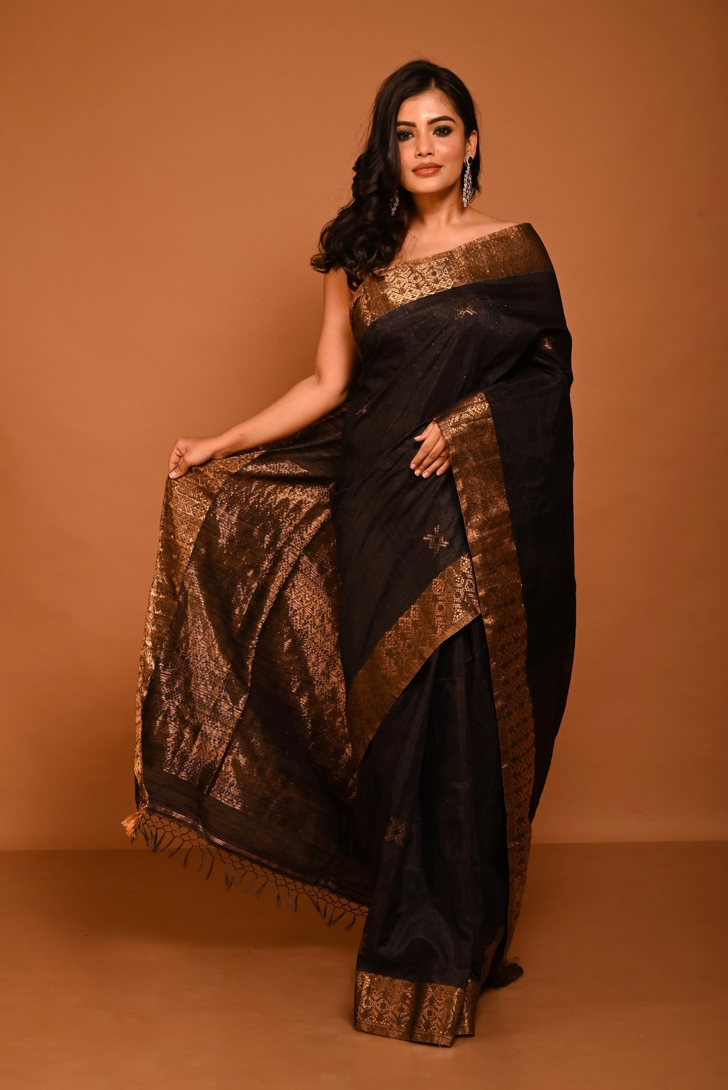 Black Pure Tussar Silk Handloom Saree