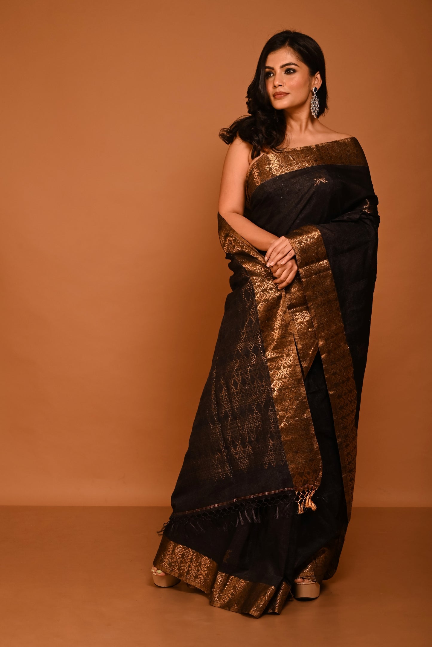 Black Pure Tussar Silk Handloom Saree