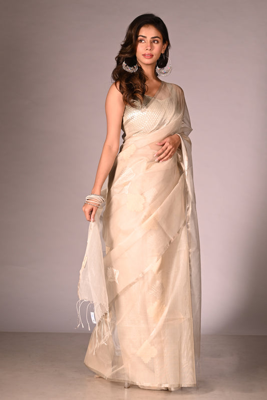 Ivory Pure Organza Jamdani Handloom Saree