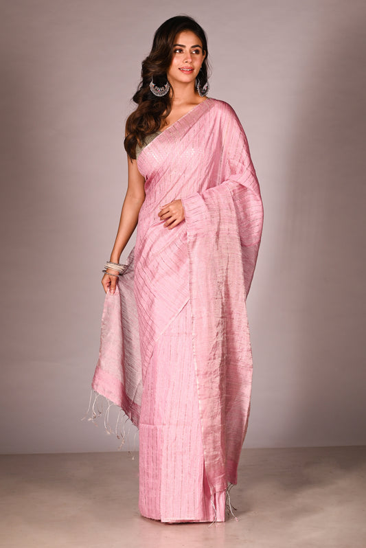 Pink Pure Matka Silk Tissue Handloom Saree