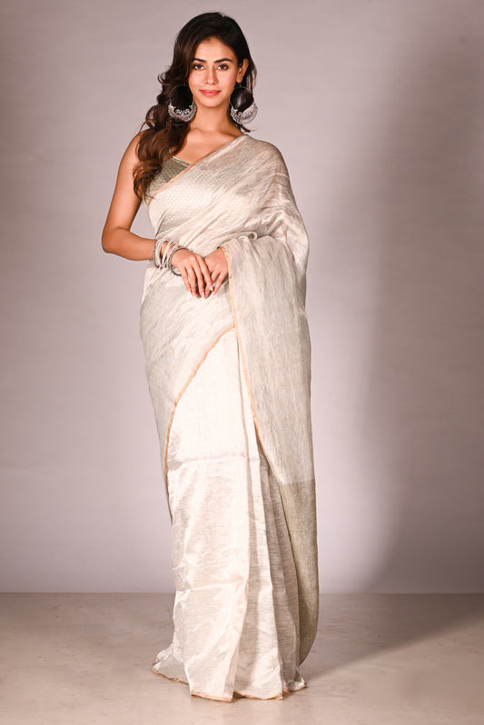 Silver Pure Linen Tissue Handloom Saree