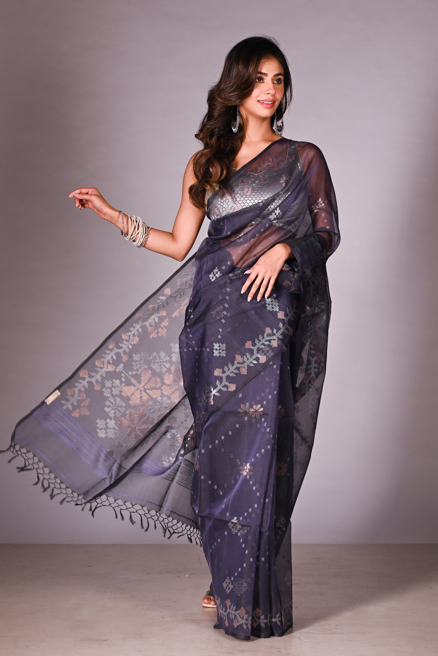 Blue Pure Organza Traditional Jamdani Handloom Saree (Pre-Order)