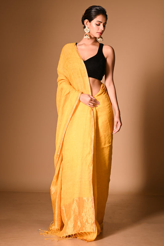 Yellow Pure Linen Handloom Saree