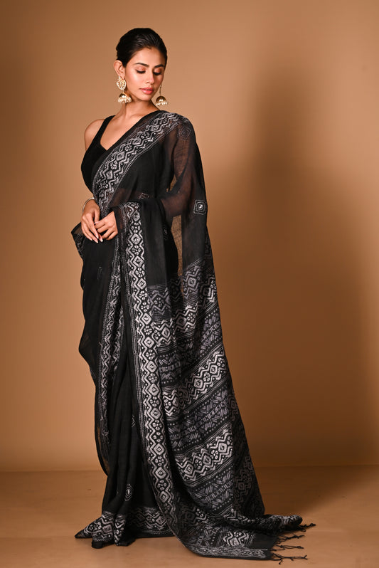 Black Pure Linen Kanthastitch Handloom Saree