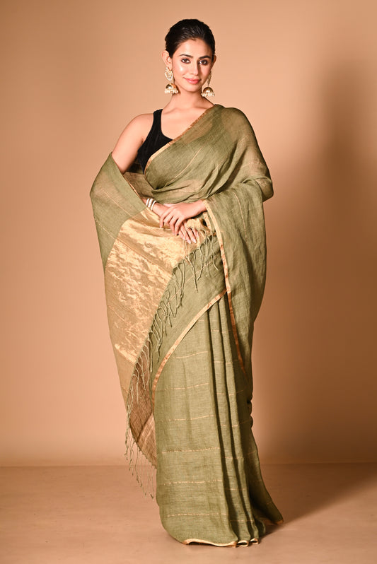 Green Pure Linen Handloom Saree