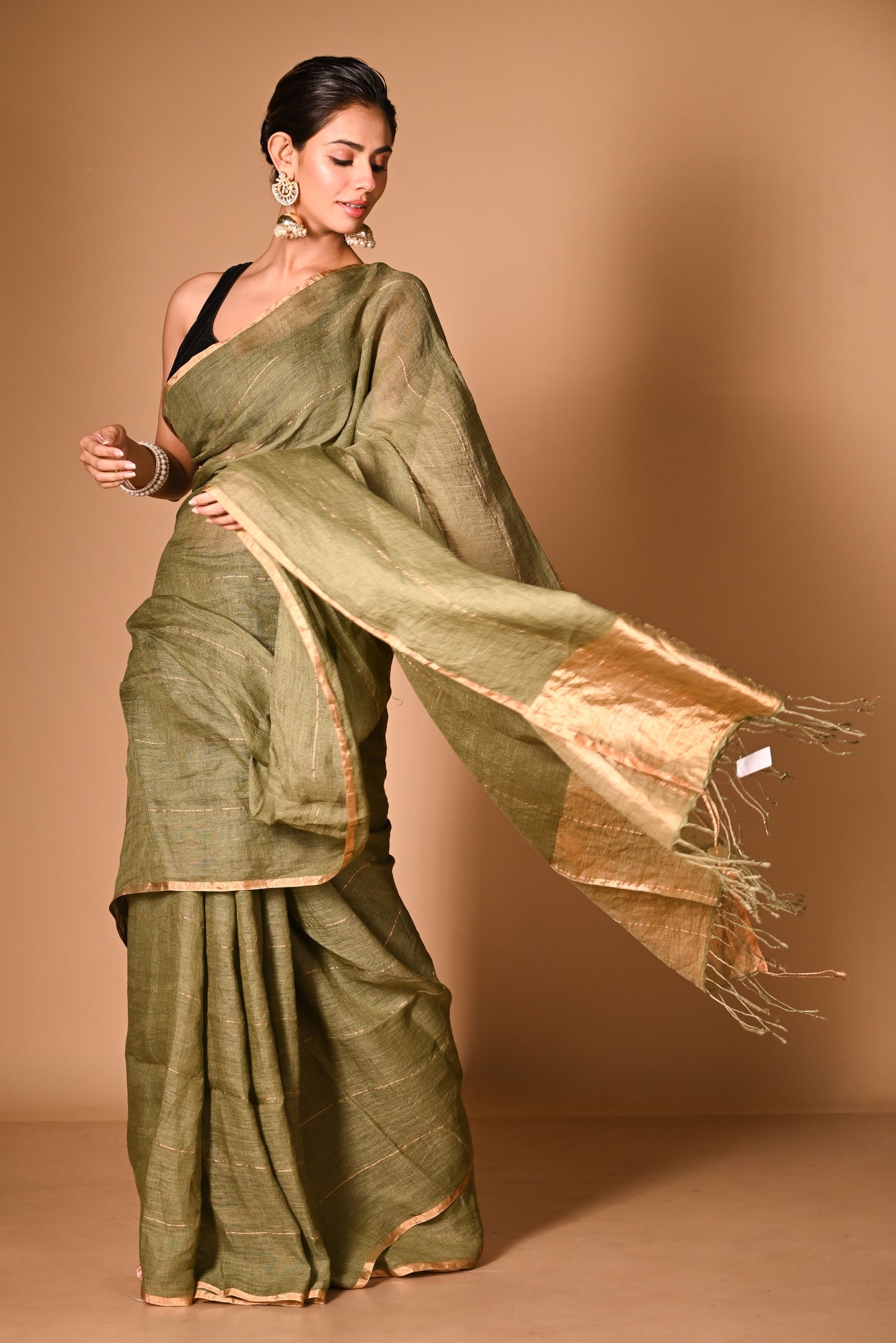 Green Pure Linen Handloom Saree