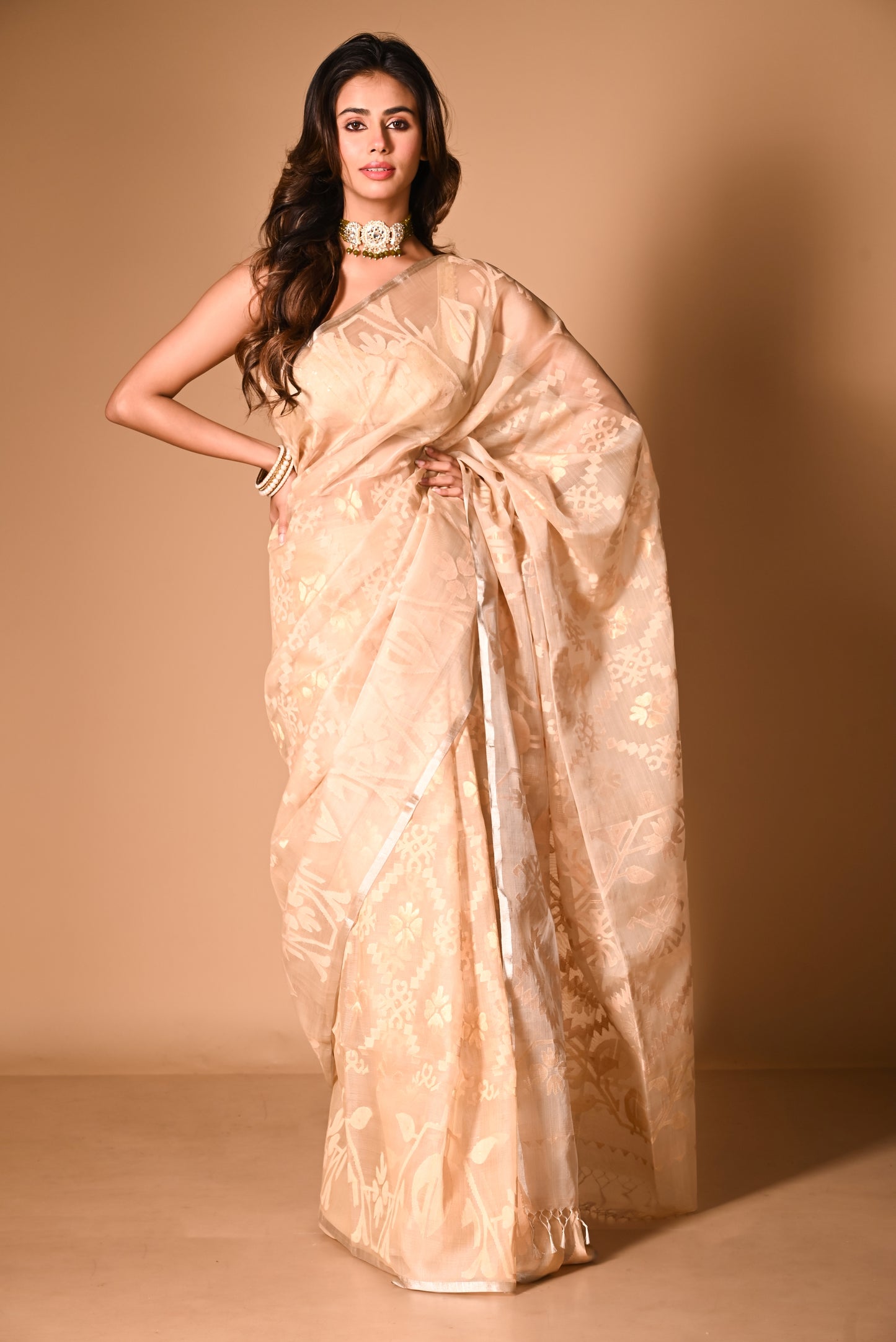 Beige Pure Organza Traditional Jamdani Saree (Pre-Order)