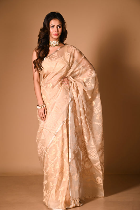 Beige Pure Organza Traditional Jamdani Saree (Pre-Order)