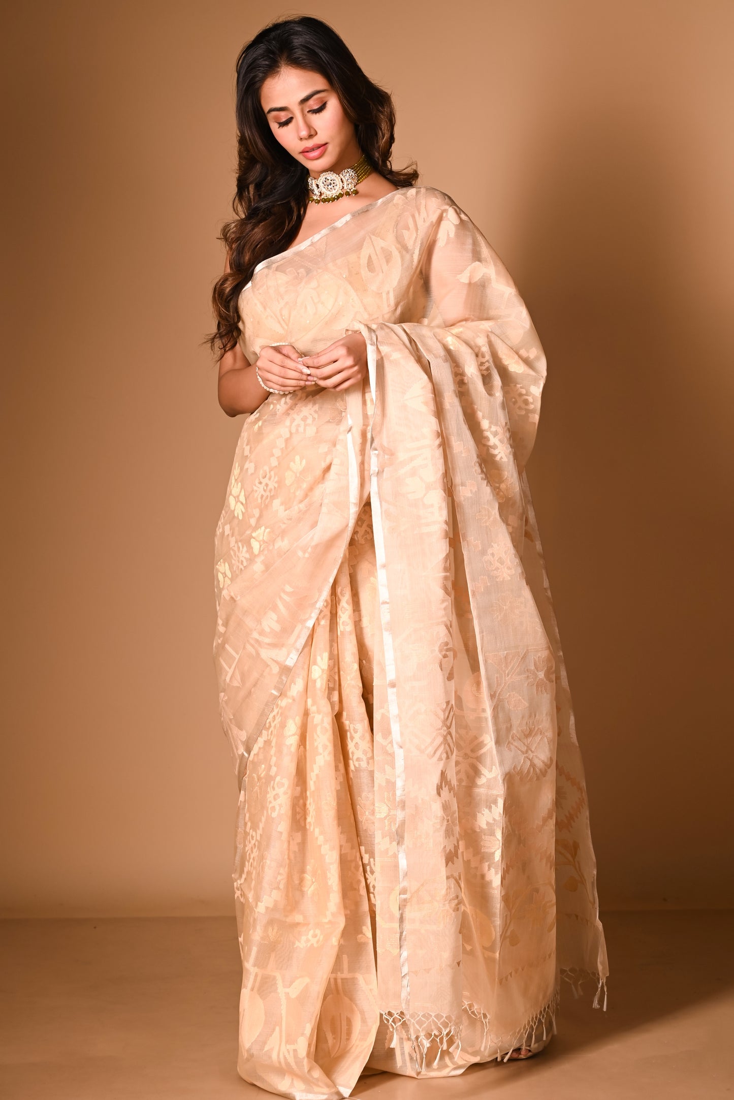 Beige Pure Organza Traditional Jamdani Saree (Pre-Order)