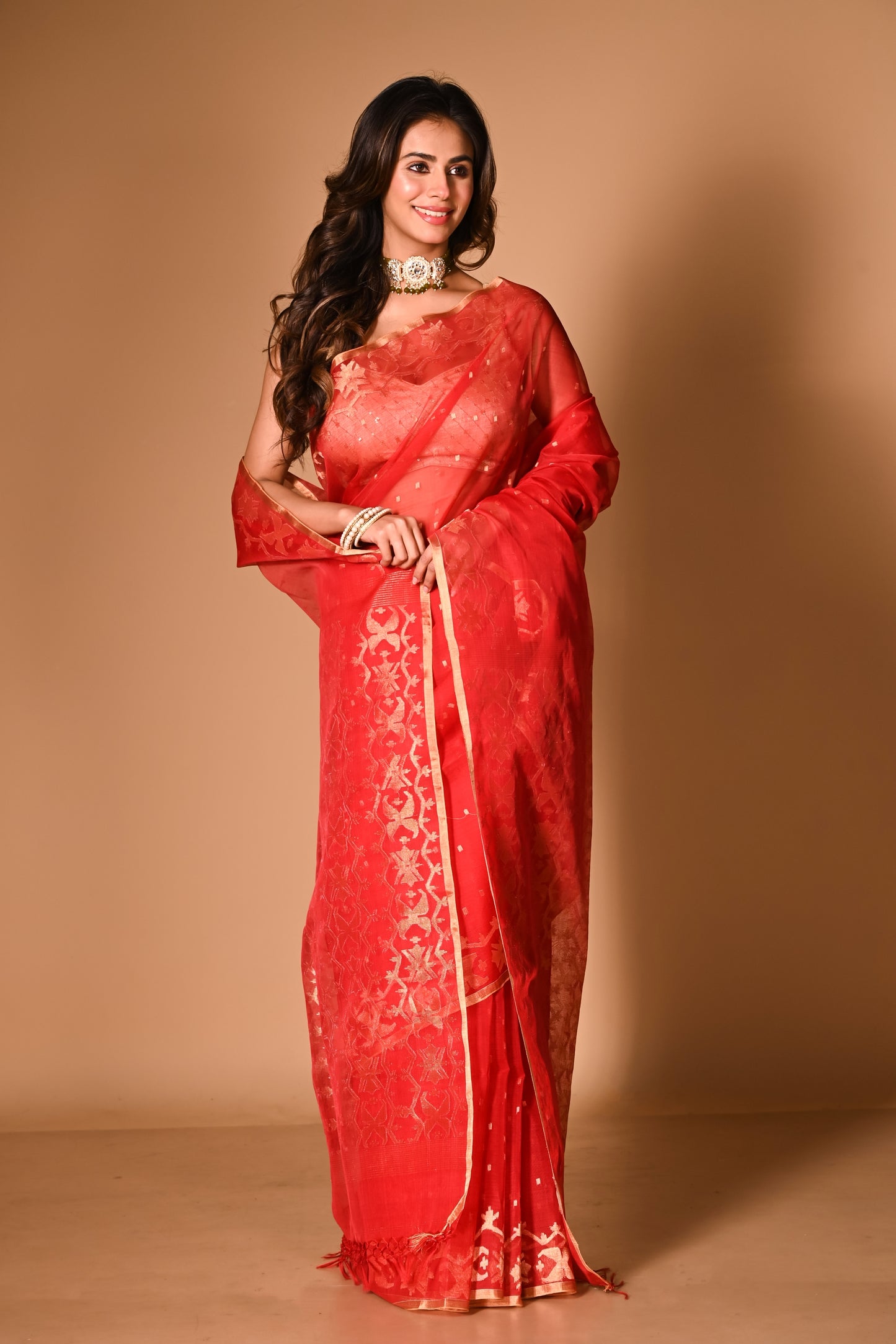 Red Pure Organza Silk Traditional Jamdani Handloom Saree (Pre-Order)