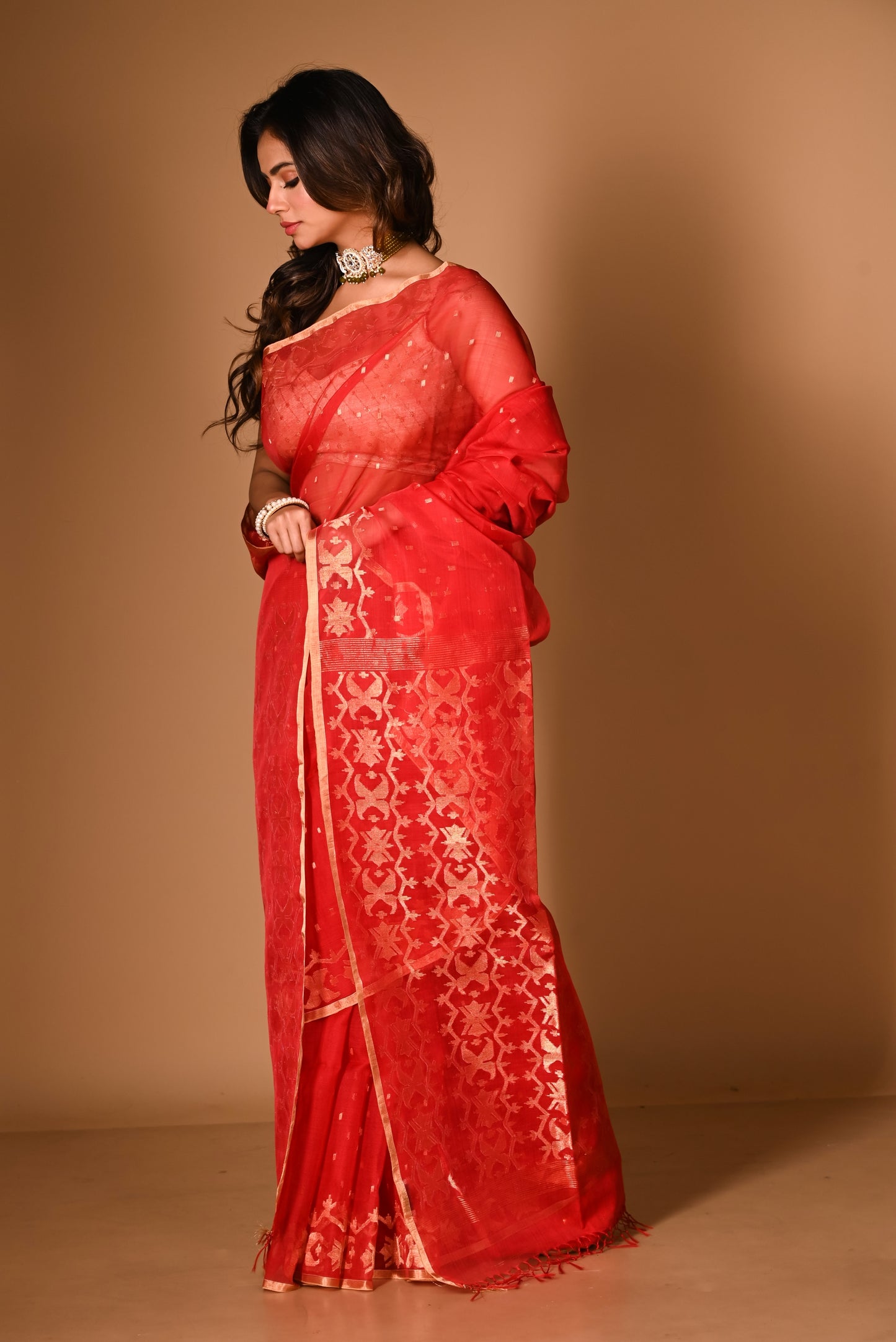 Red Pure Organza Silk Traditional Jamdani Handloom Saree (Pre-Order)