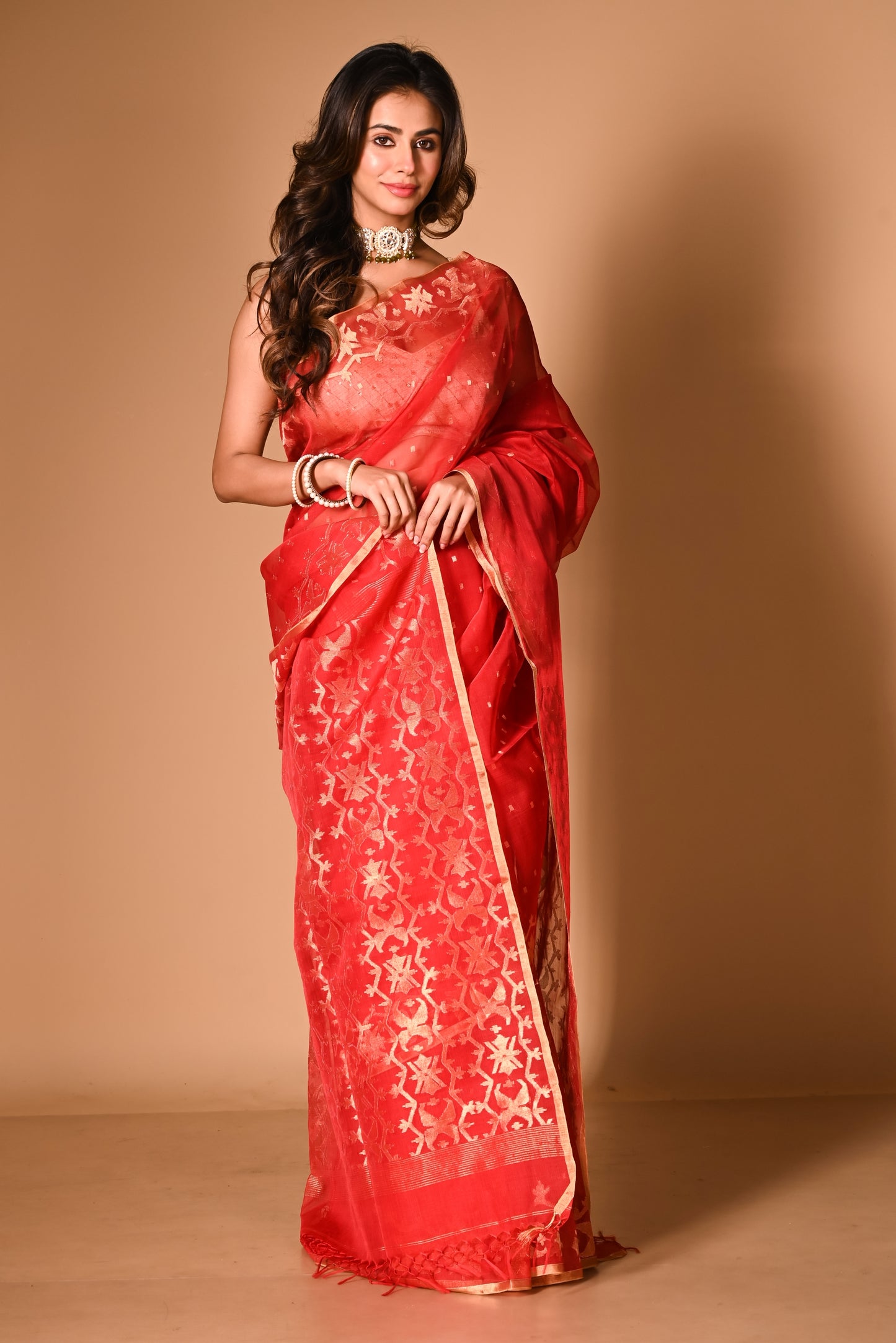 Red Pure Organza Silk Traditional Jamdani Handloom Saree (Pre-Order)