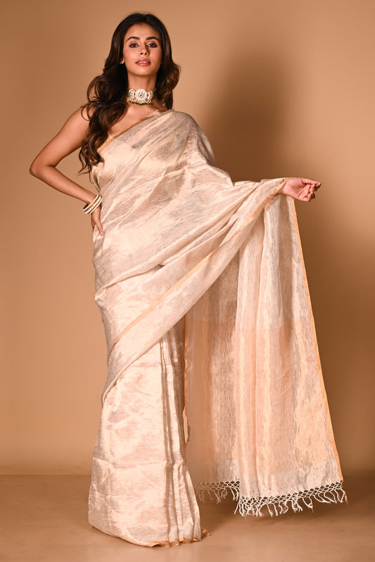 Copper Pure Linen Tissue Handloom Saree