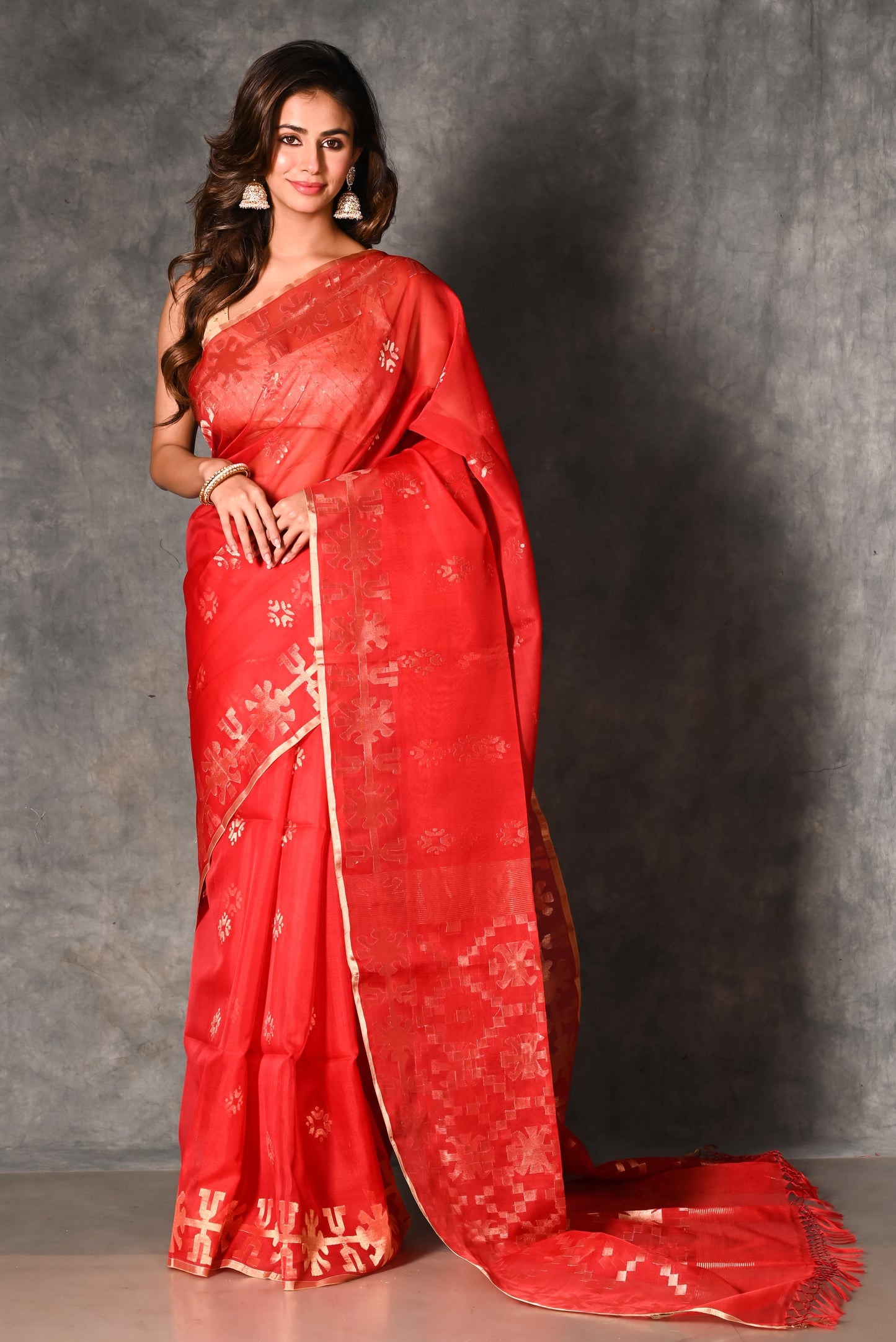 Red Organza Silk Traditional Jamdani Handloom Saree (PRE-ORDER)