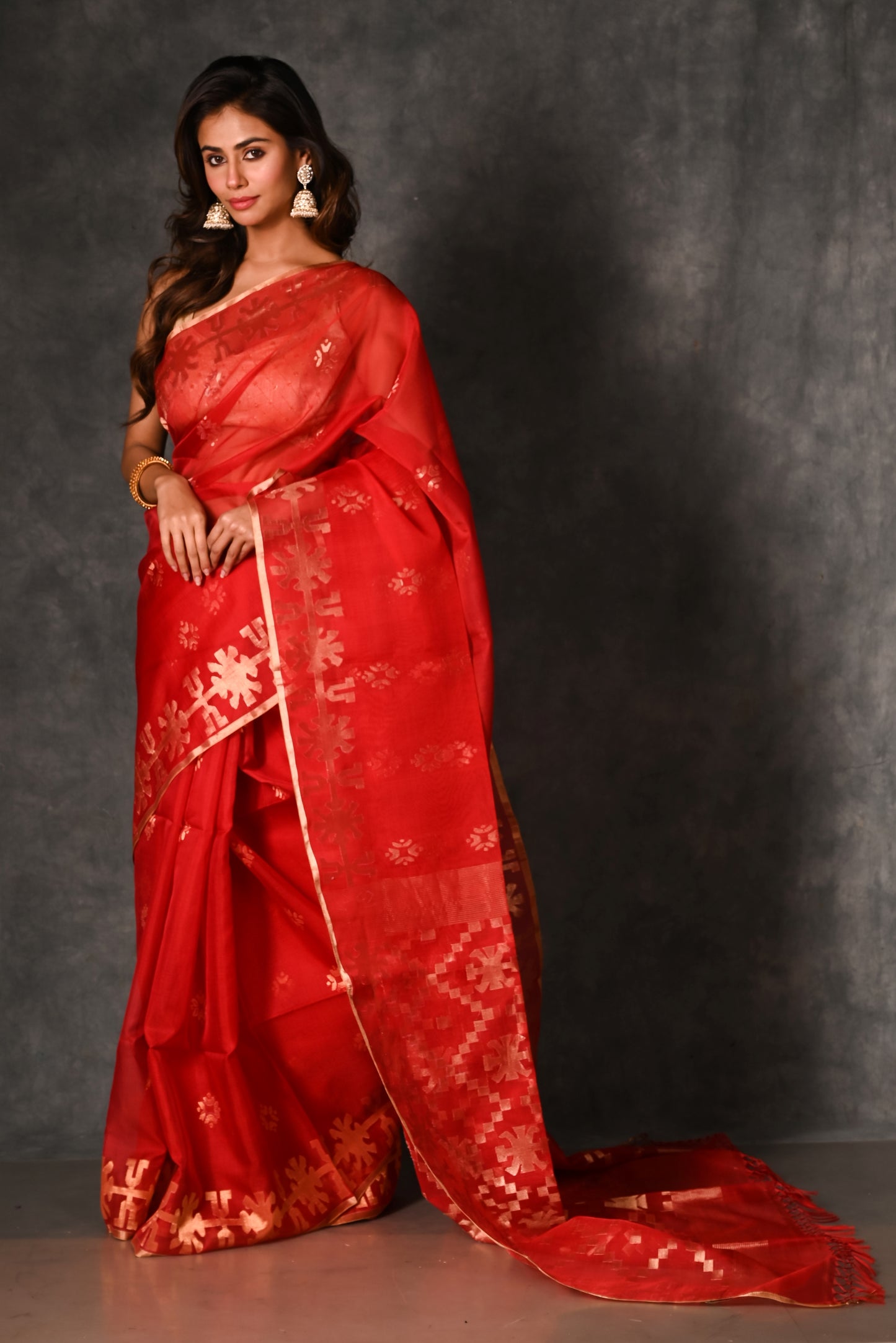 Red Organza Silk Traditional Jamdani Handloom Saree (PRE-ORDER)