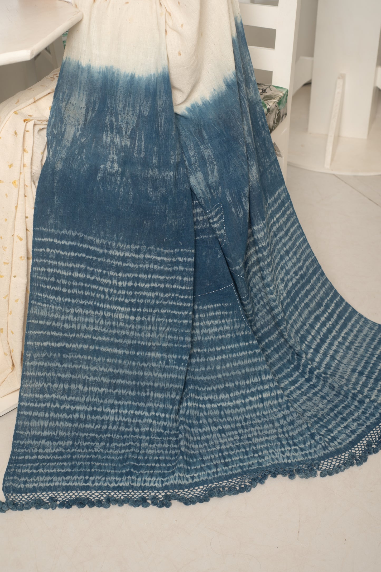 White-Indigo Kala Cotton Eco Print Handloom Saree