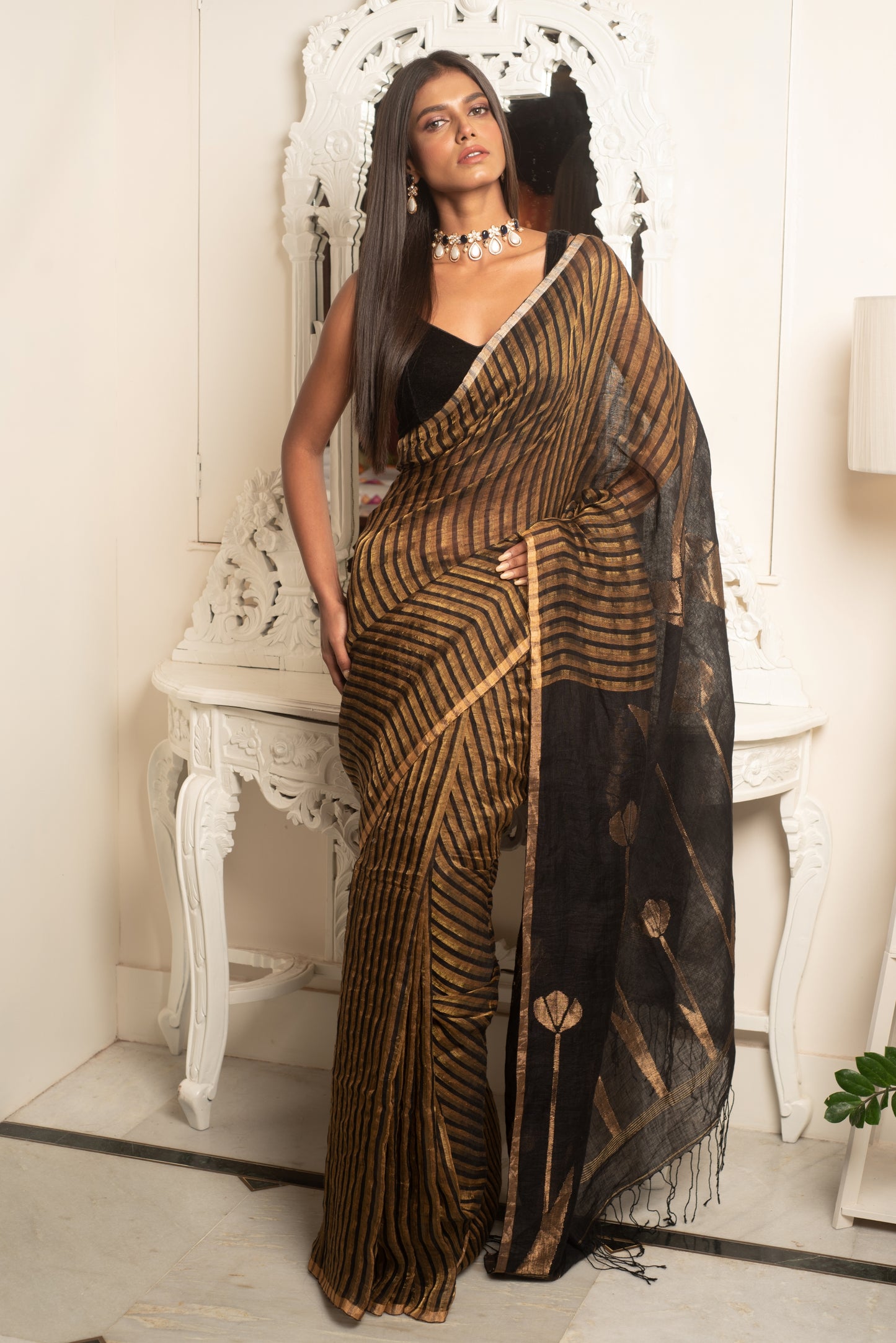 Black and Golden Stripes Pure Linen Jamdani Handloom Saree