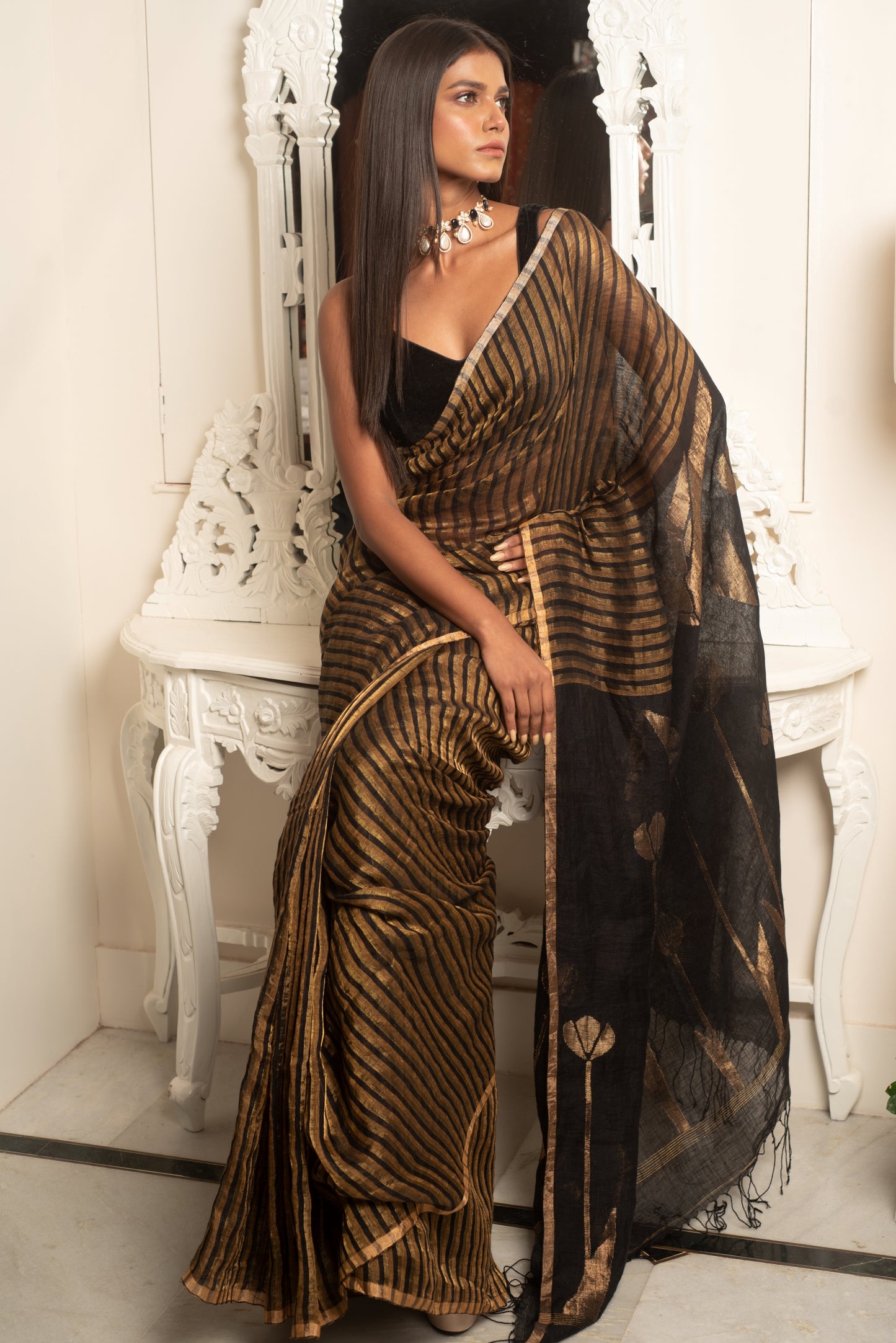 Black and Golden Stripes Pure Linen Jamdani Handloom Saree