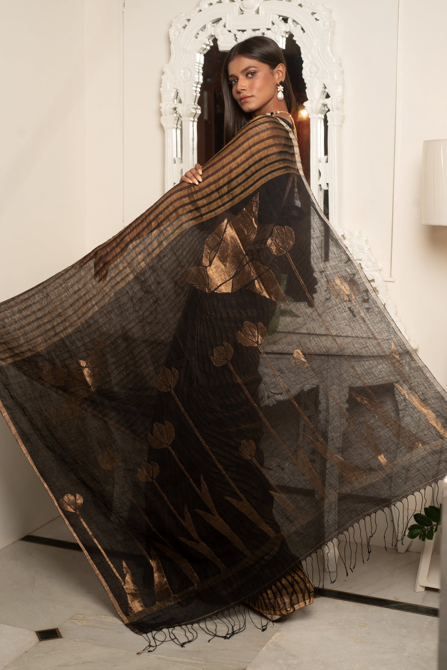 Black and Golden Stripes Pure Linen Jamdani Handloom Saree