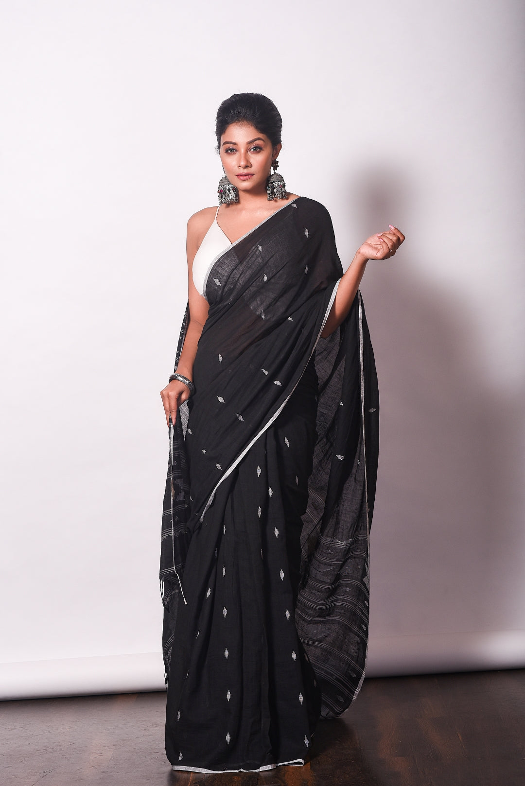 Black Pure Cotton Jamdani Handloom Saree