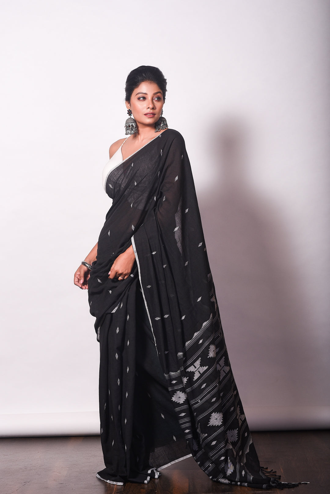 Black Pure Cotton Jamdani Handloom Saree