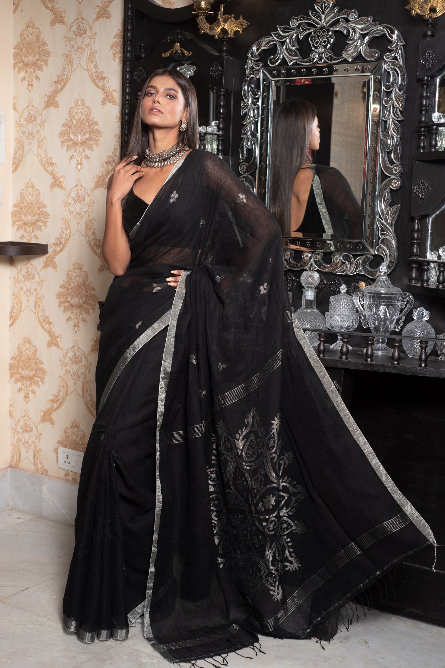 Black Pure Linen Jamdani Handloom Saree