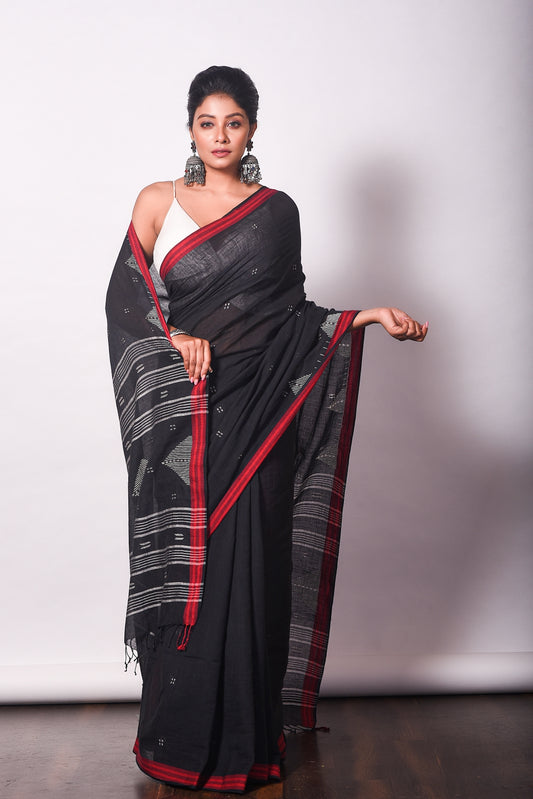 Black Pure Cotton Jamdani Handloom Saree