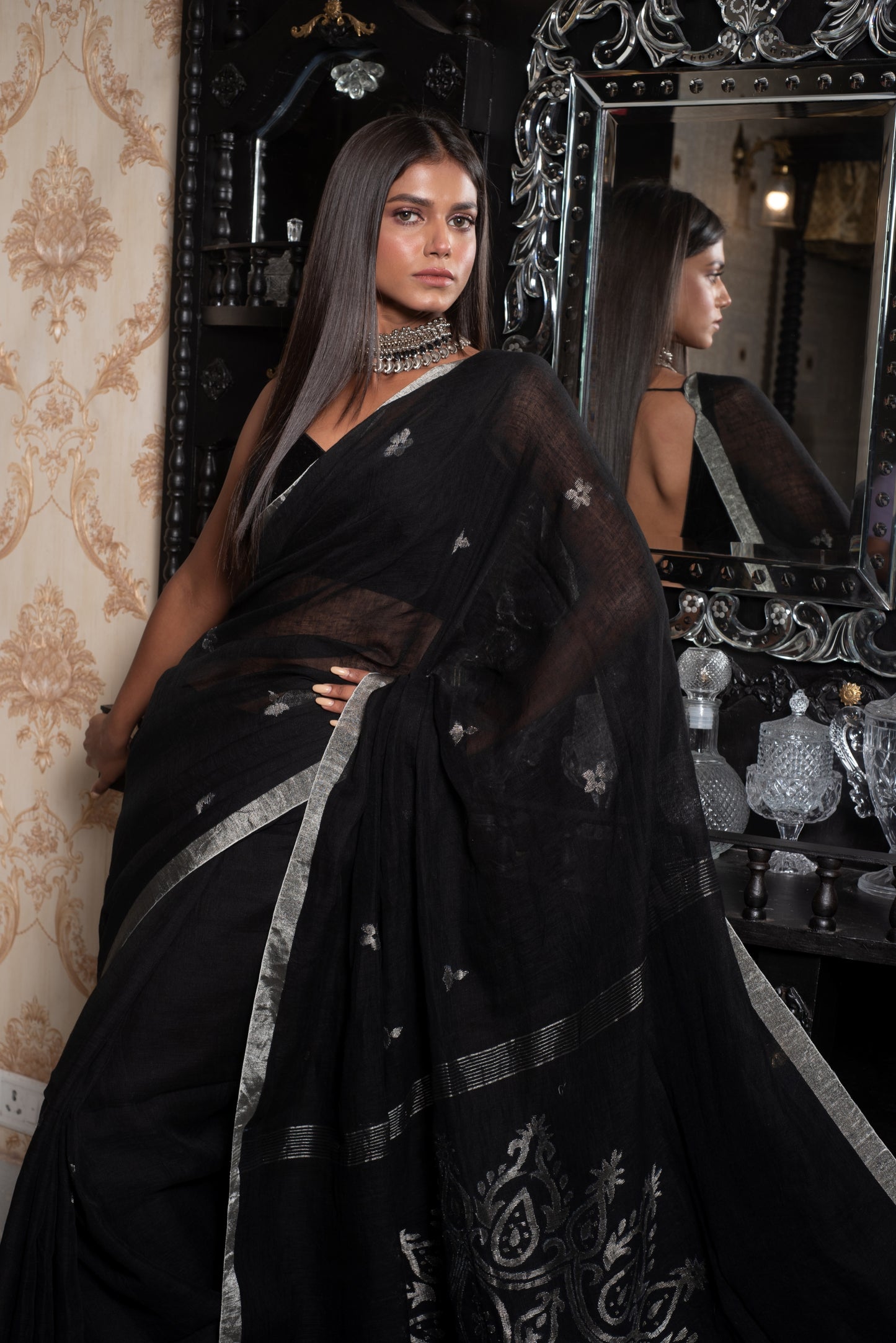 Black Pure Linen Jamdani Handloom Saree