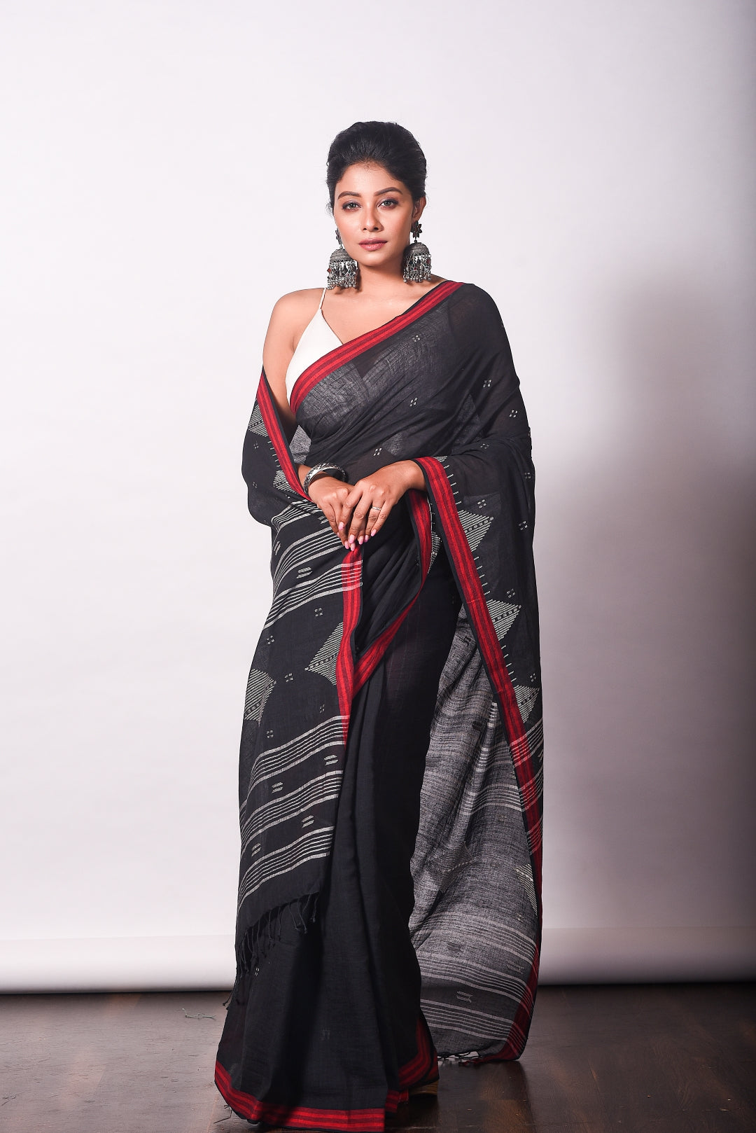 Black Pure Cotton Jamdani Handloom Saree