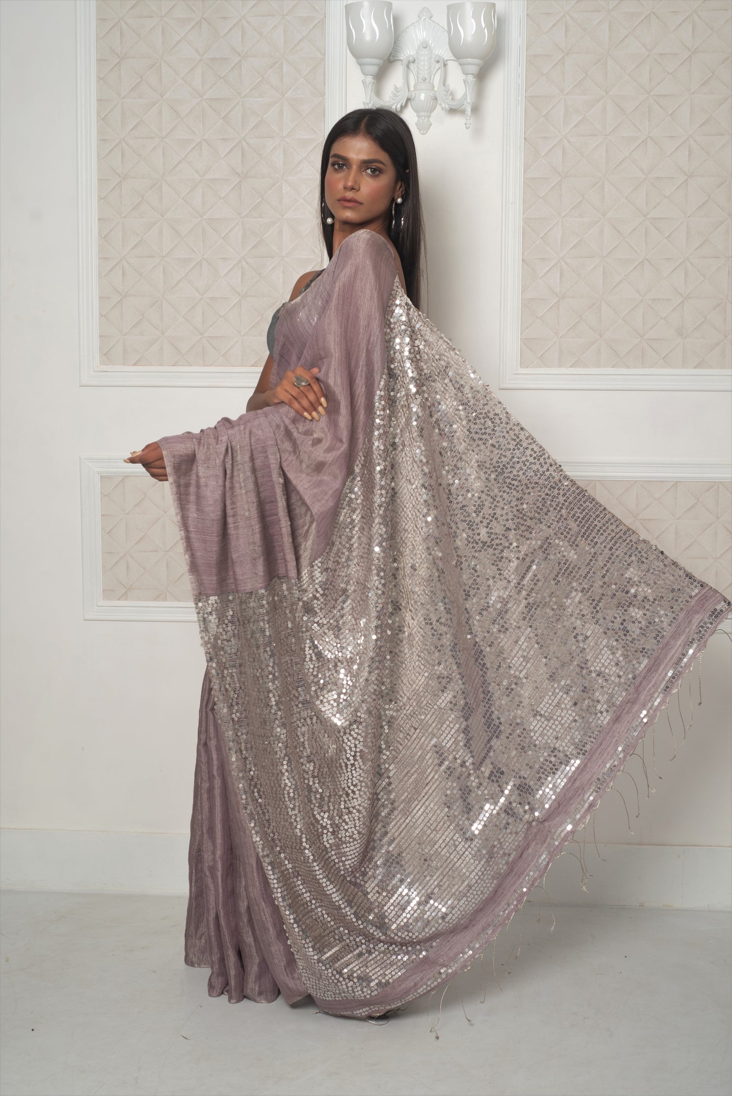 Mauve Pure Matka Sequin Tissue Handloom Saree