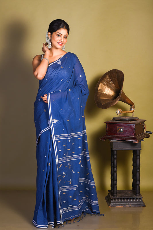 Indigo Pure Cotton Jamdani Handloom Saree