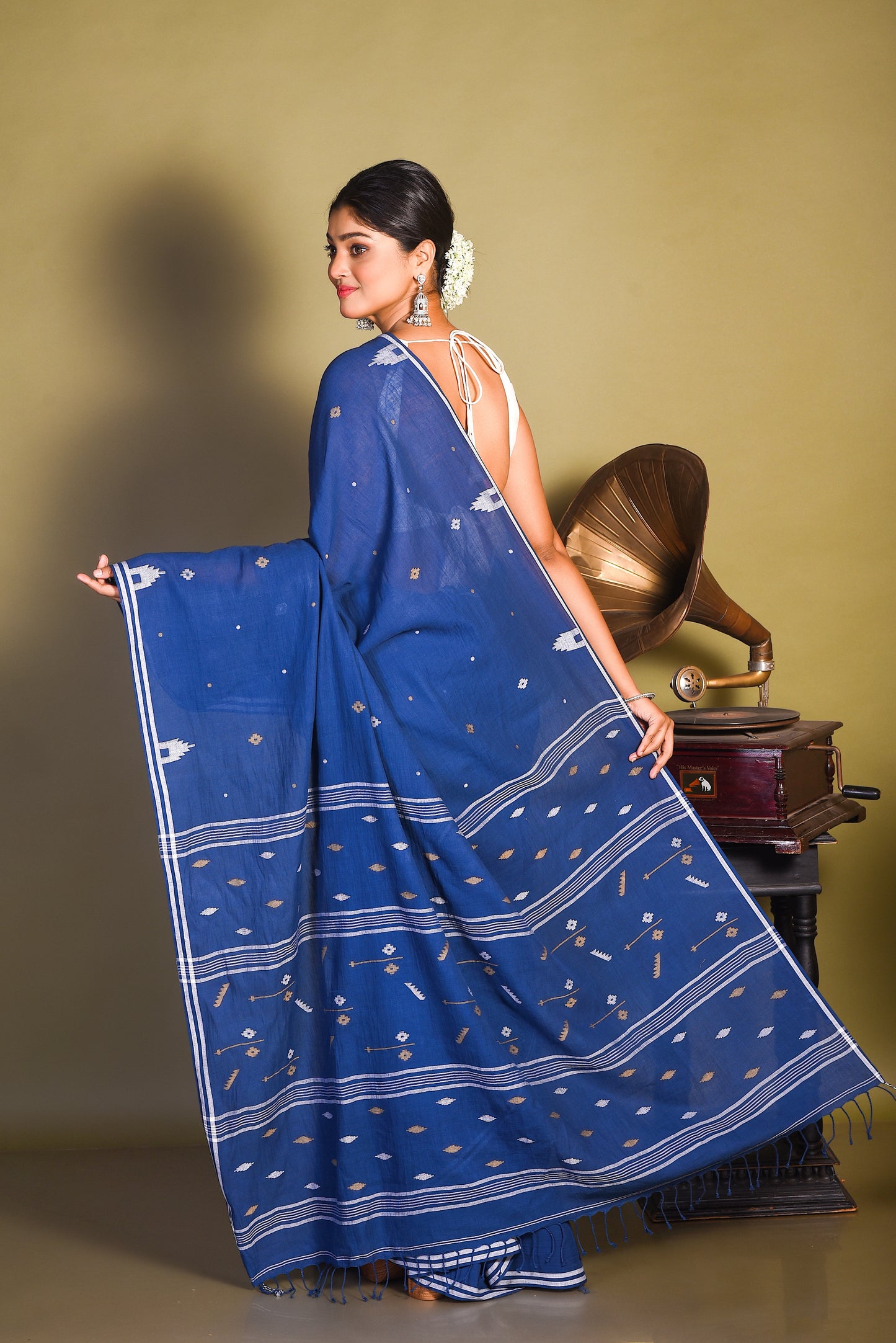 Indigo Pure Cotton Jamdani Handloom Saree